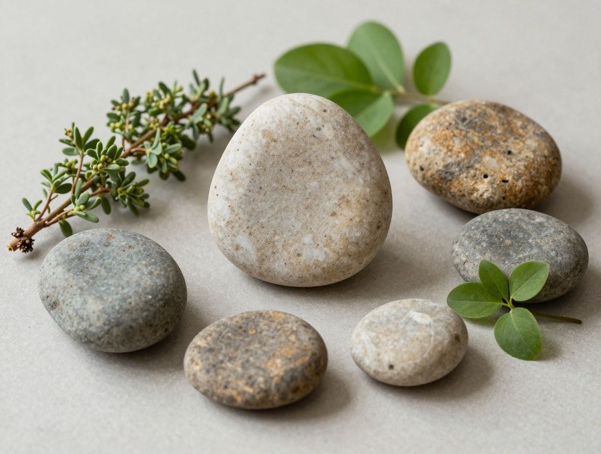 Harmonische Anordnung von frischen grünen Pflanzen, Steinen und natürlichen Materialien auf einem hellen Hintergrund, symbolisiert Balance Gleichgewicht und natürliche Weisheit