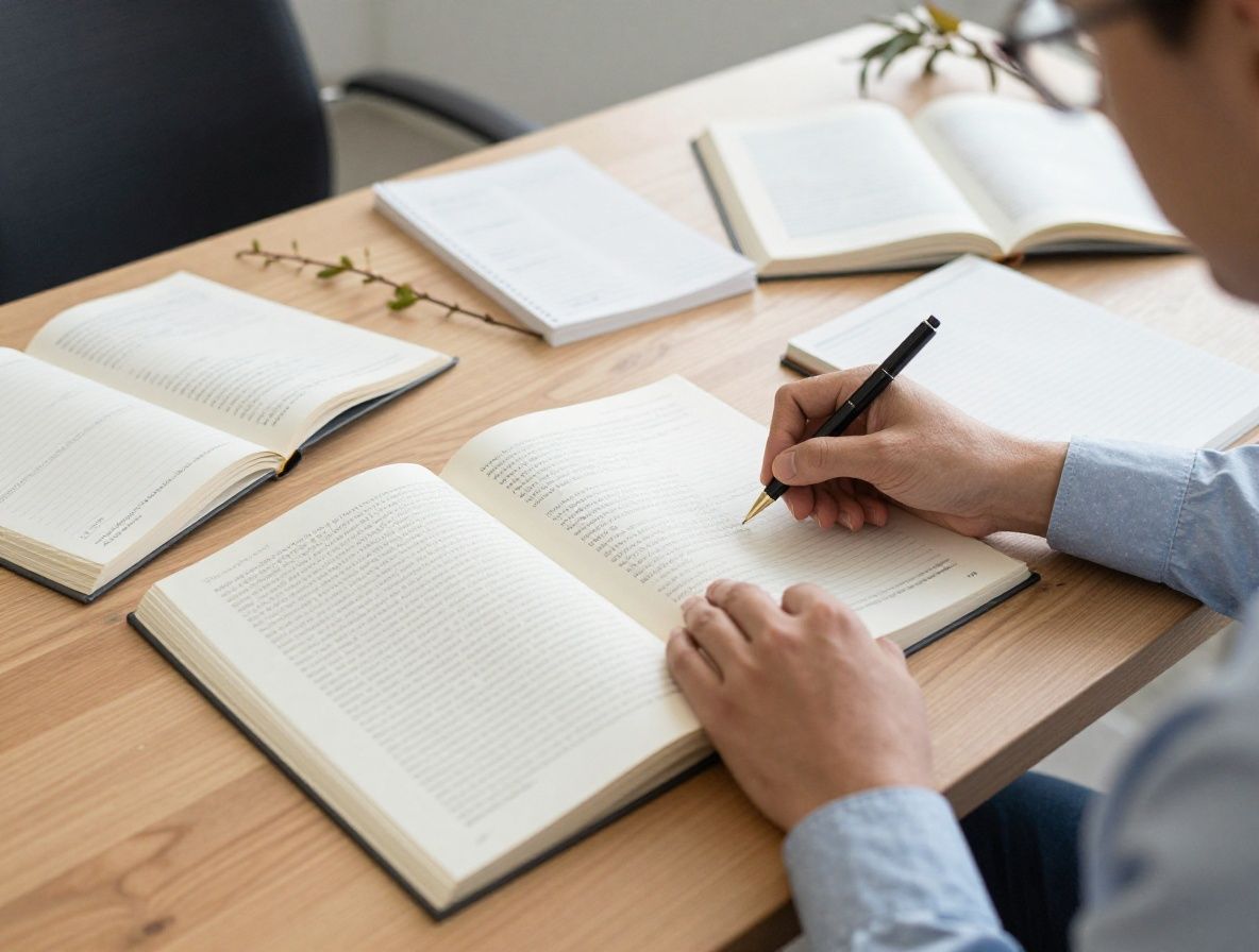 Nahaufnahme von aufgeschlagenen wissenschaftlichen Büchern und Notizen auf einem Holztisch, weiches Studioliccht, Pflanzenzweig im Hintergrund, ruhige Forschungsatmosphäre