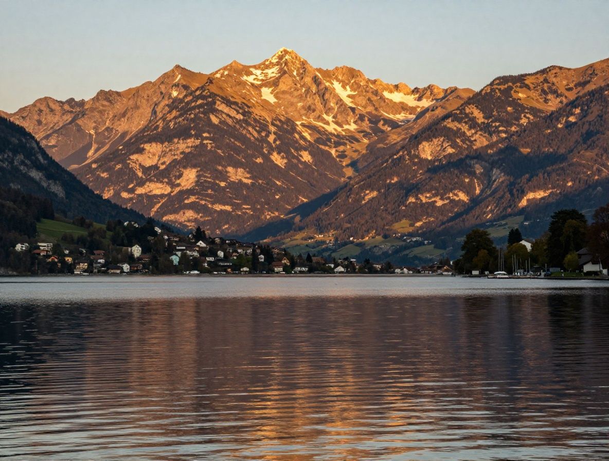 Zeitraffer-Ansicht eines ruhigen Schweizer Sees mit Bergen im Hintergrund, goldenes Abendlicht reflektiert auf dem Wasser, symbolisiert Kontinuität und ruhige Entwicklung über die Zeit