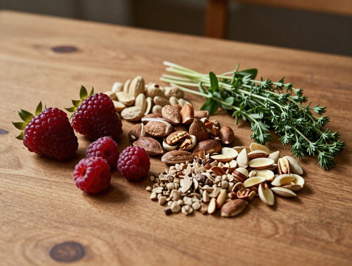 Frische bunte Auswahl an natürlichen Lebensmitteln – Beeren, Nüsse, Kräuter und Gemüse auf einem rustikalen Holztisch, warmes kühles Studiolicht betont Texturen