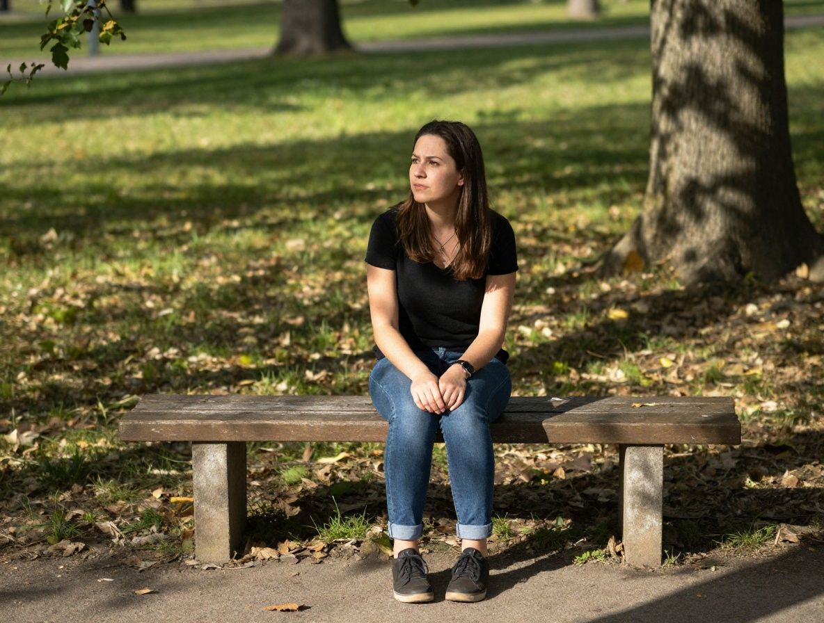 Person sitzt nachdenklich auf einer Parkbank umgeben von Natur, Sonnenlicht filtert durch Blätter, ruhige reflektive Stimmung