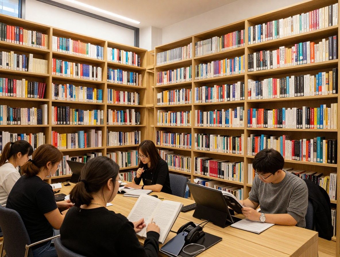 Ruhige Person liest konzentriert in einem modernen hellen Lesesaal mit hohen Bücherregalen, warmes Tageslicht fällt durch grosse Fenster